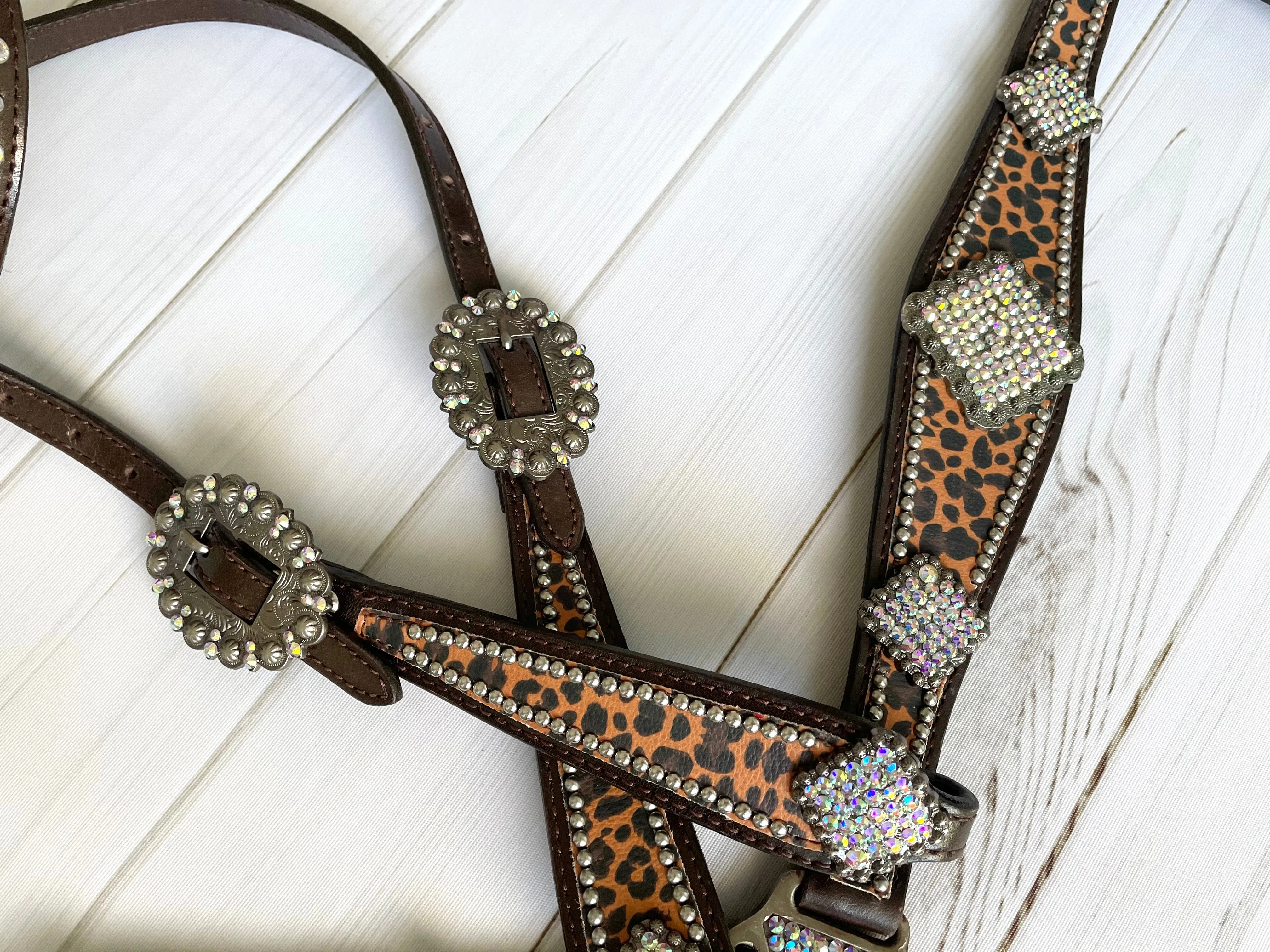 Cheetah Square Crystal Concho Leather Tack Set