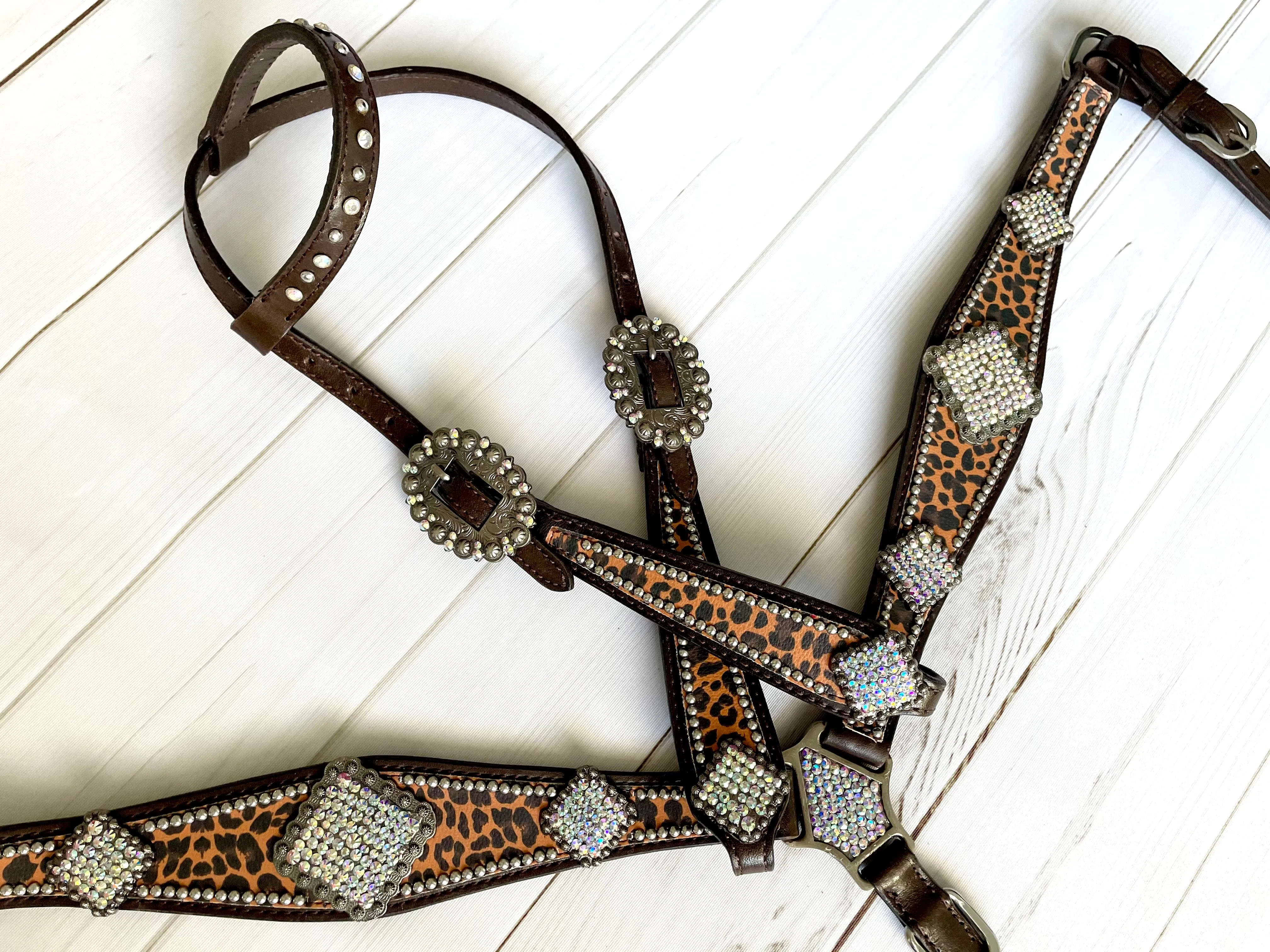 Cheetah Square Crystal Concho Leather Tack Set