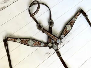 Cheetah Square Crystal Concho Leather Tack Set