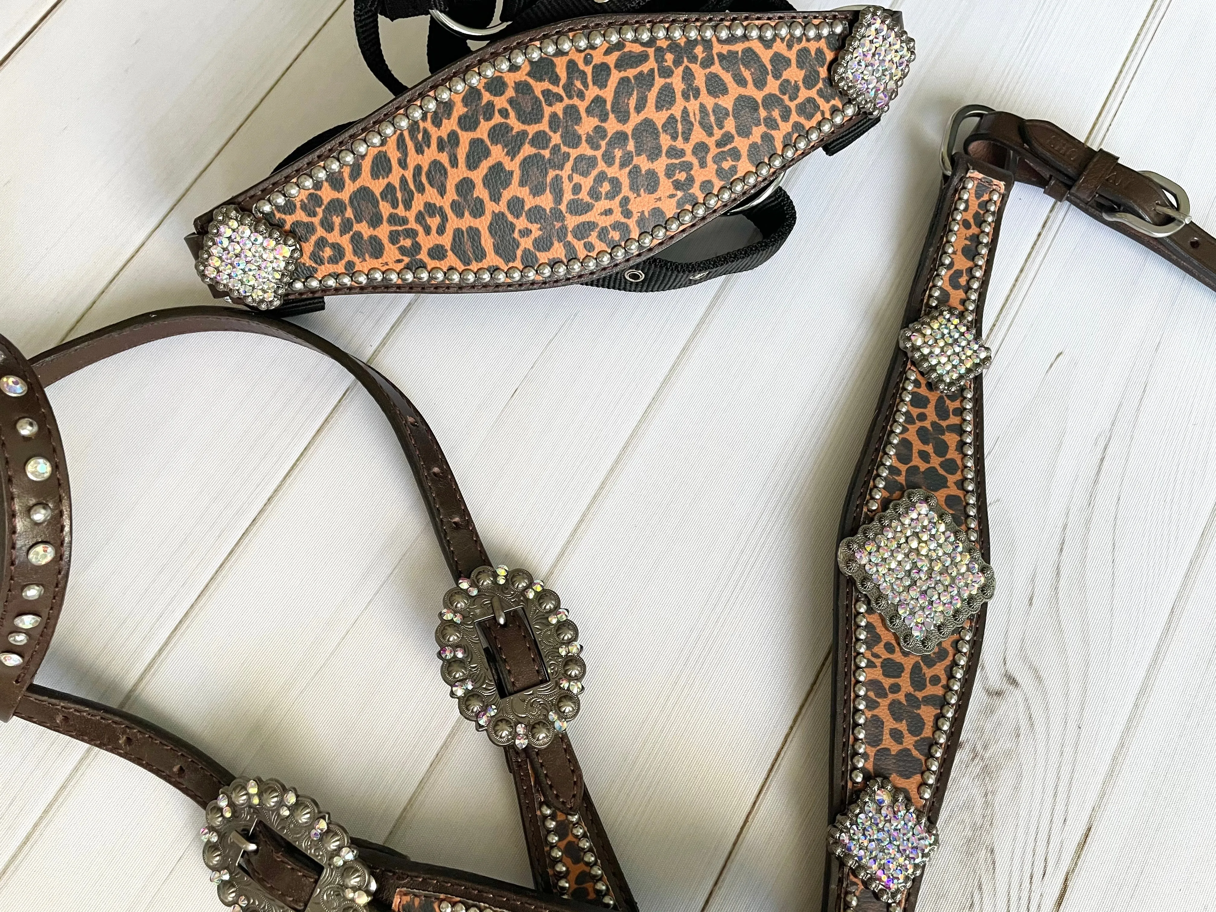 Cheetah Square Crystal Concho Leather Tack Set