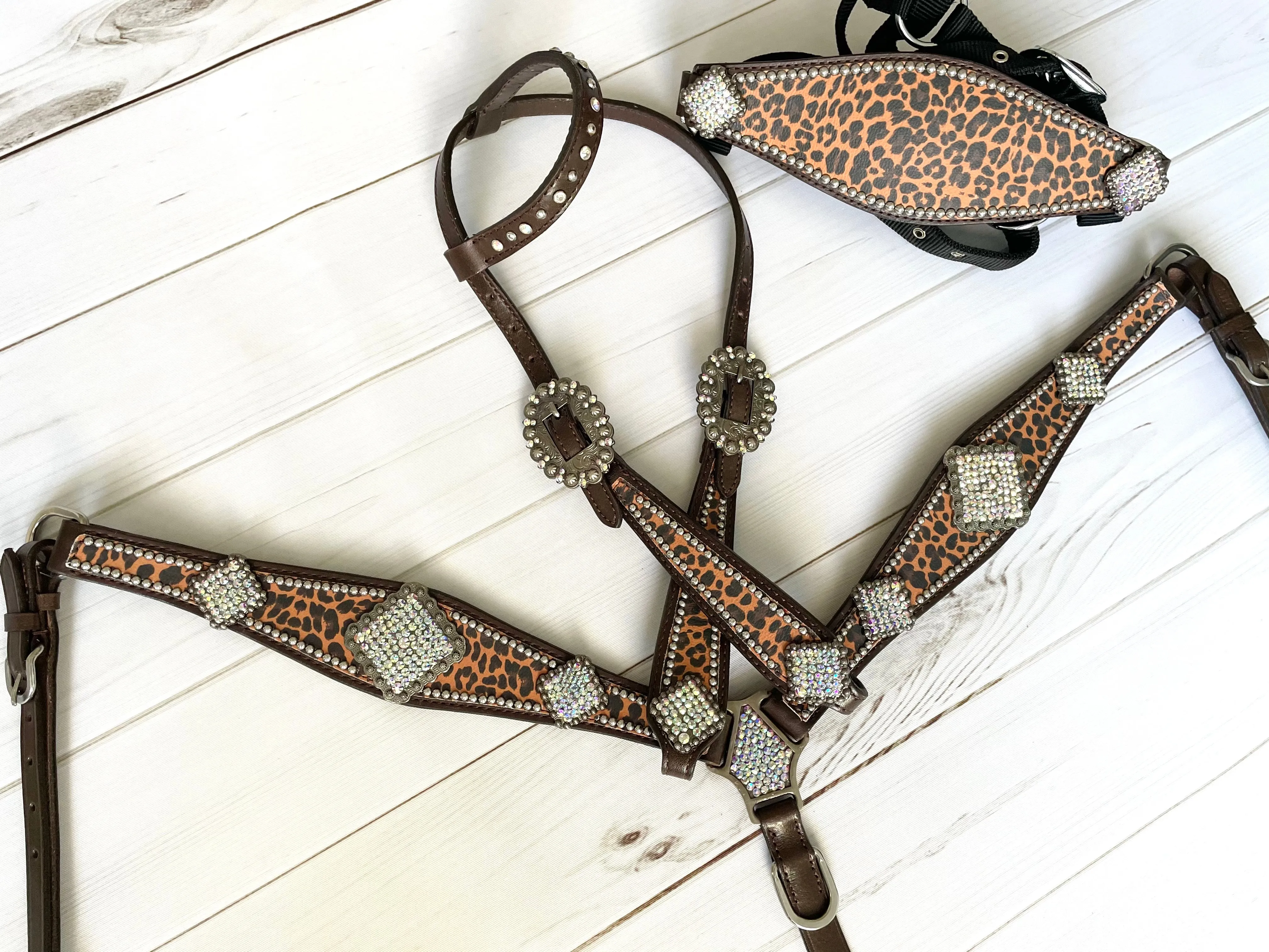 Cheetah Square Crystal Concho Leather Tack Set
