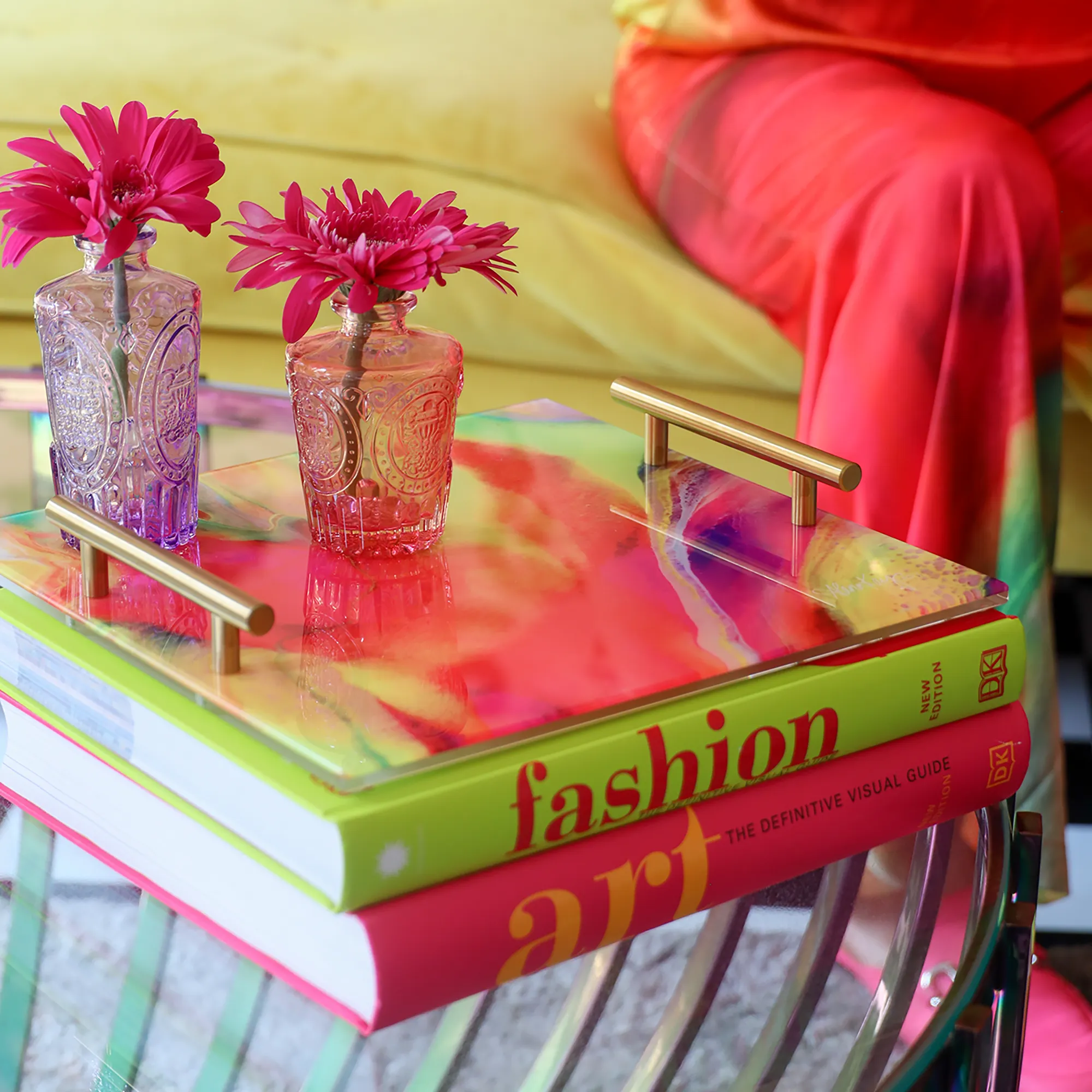 Colorful Acrylic Tray (12"x12") with Gold Metal Handles