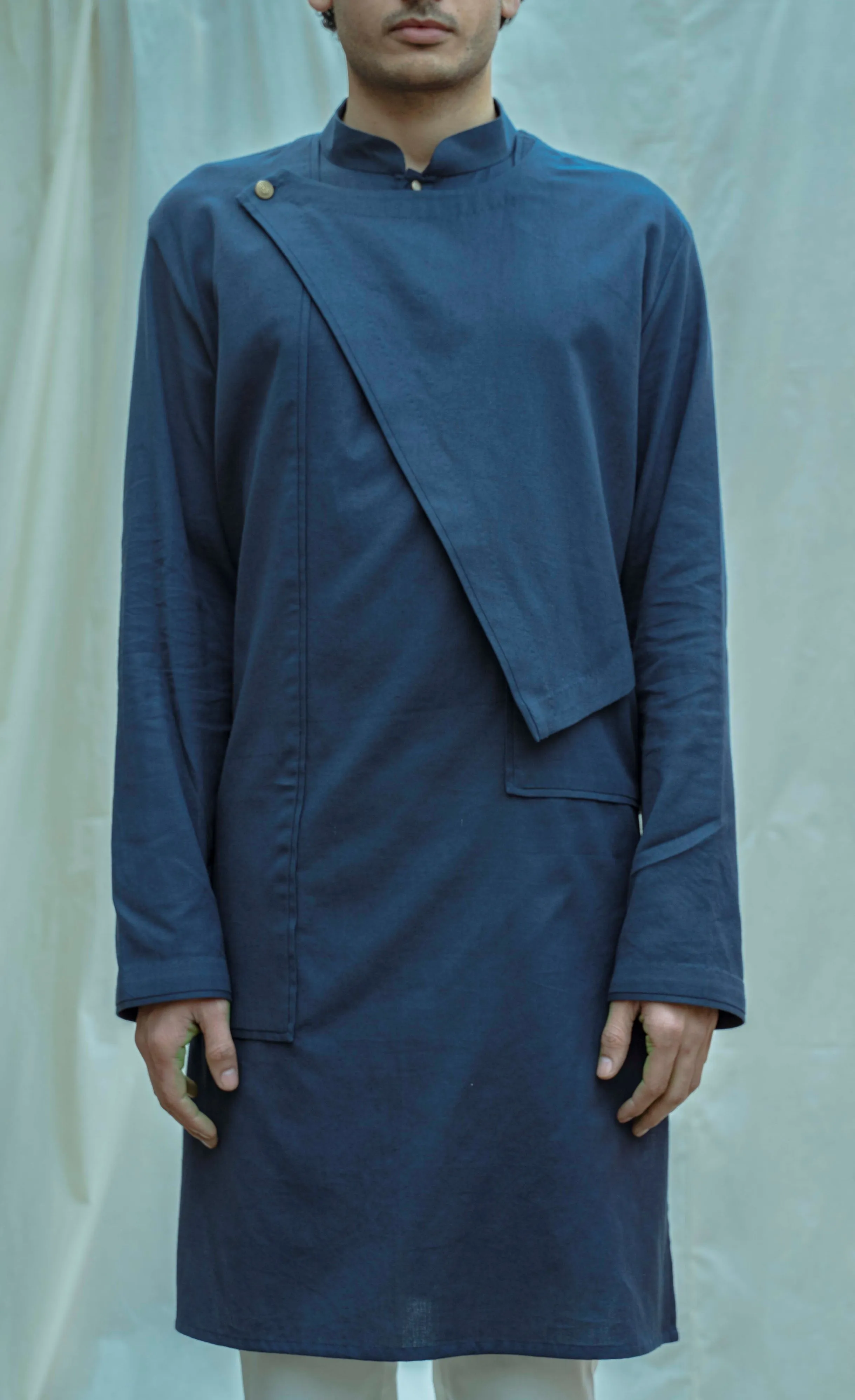 Cotton X Linen Blue Overlap Kurta Set