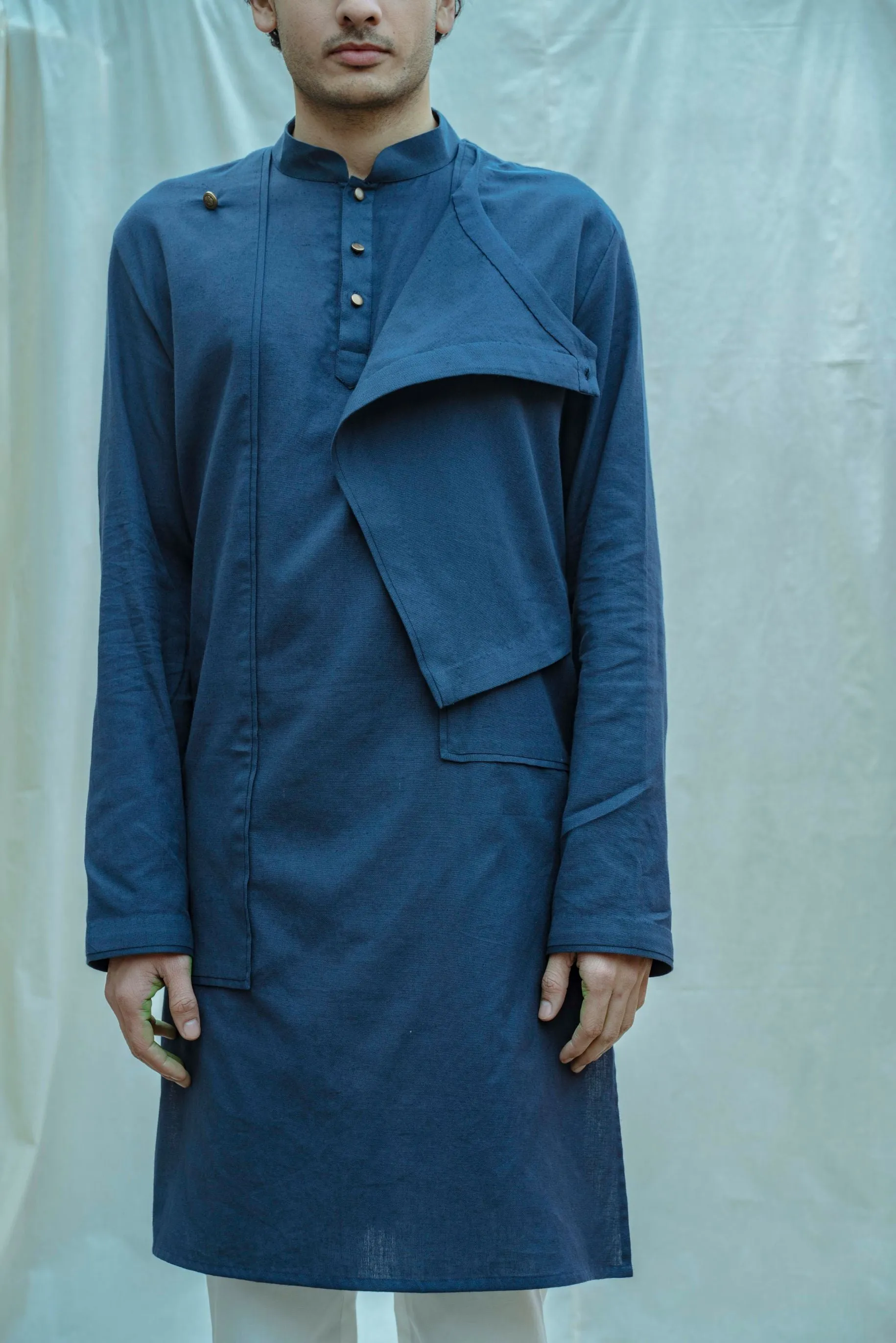 Cotton X Linen Blue Overlap Kurta Set
