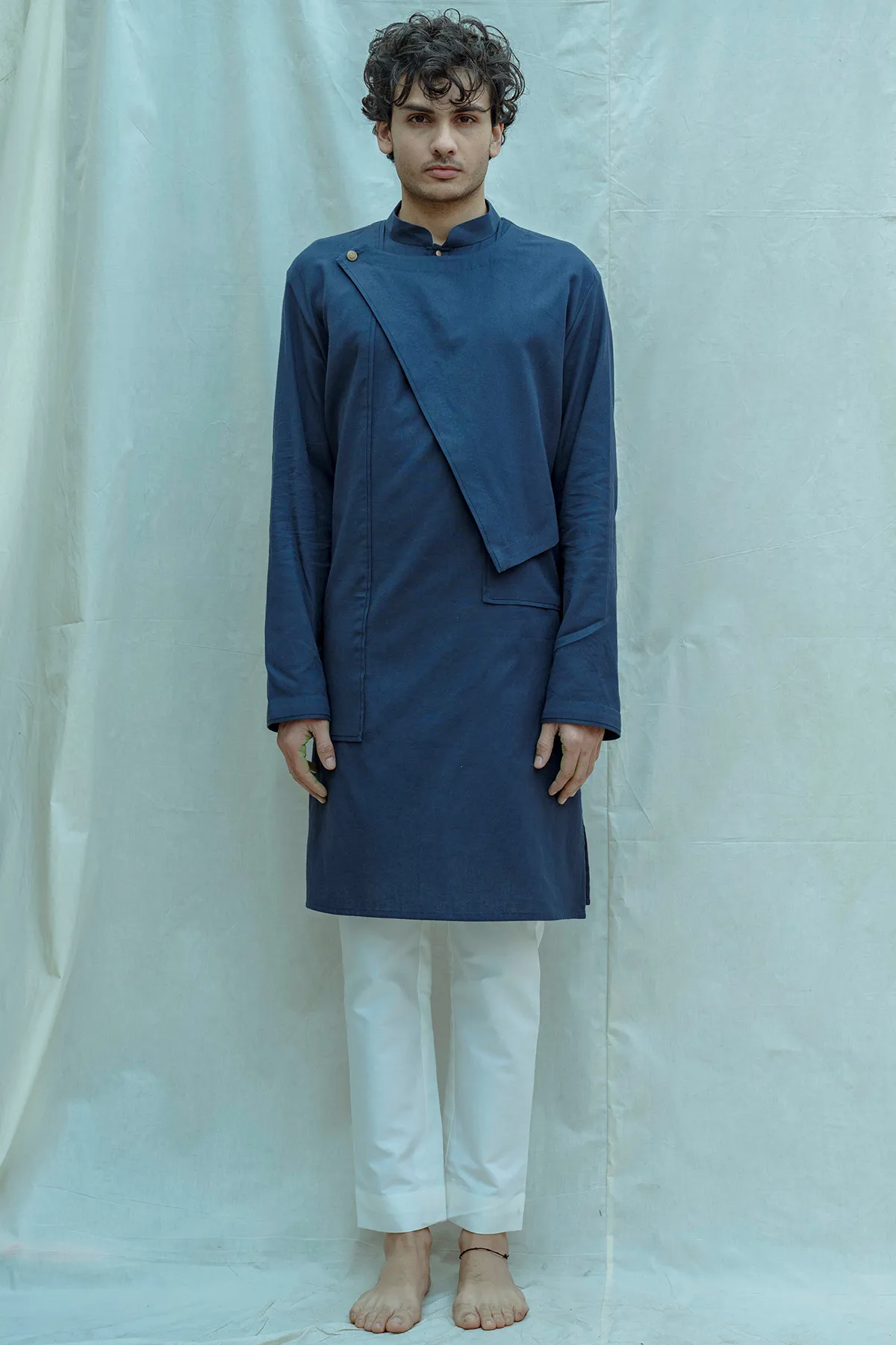 Cotton X Linen Blue Overlap Kurta Set