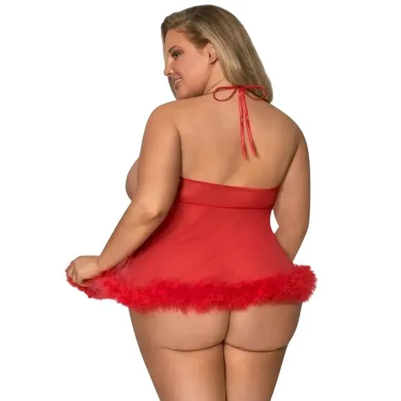 CUPLESS &amp; CROTCHLESS BABYDOLL SET PLUS SIZE 1-3X MAGIC SILK MARABOU RED QUEEN