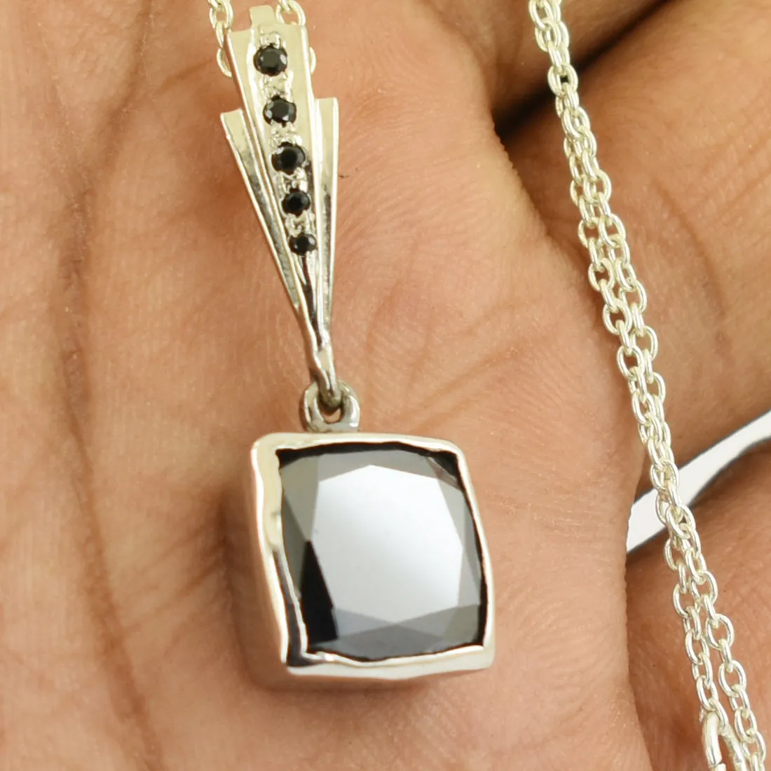 Cushion Cut Black Diamond Pendant in Bezel Style with Black Diamond Accents. AAA Certified! Great Shine