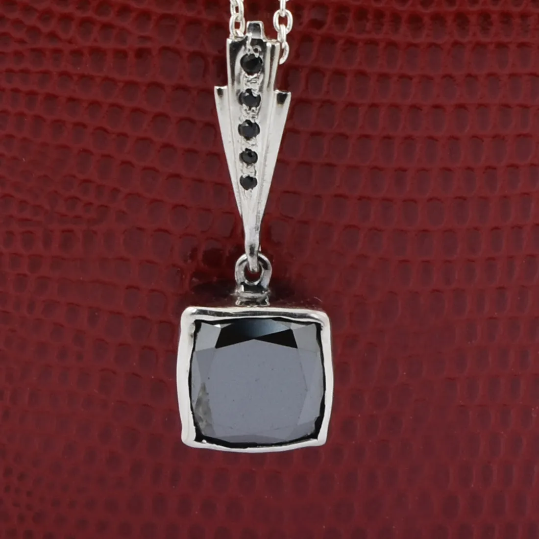 Cushion Cut Black Diamond Pendant in Bezel Style with Black Diamond Accents. AAA Certified! Great Shine
