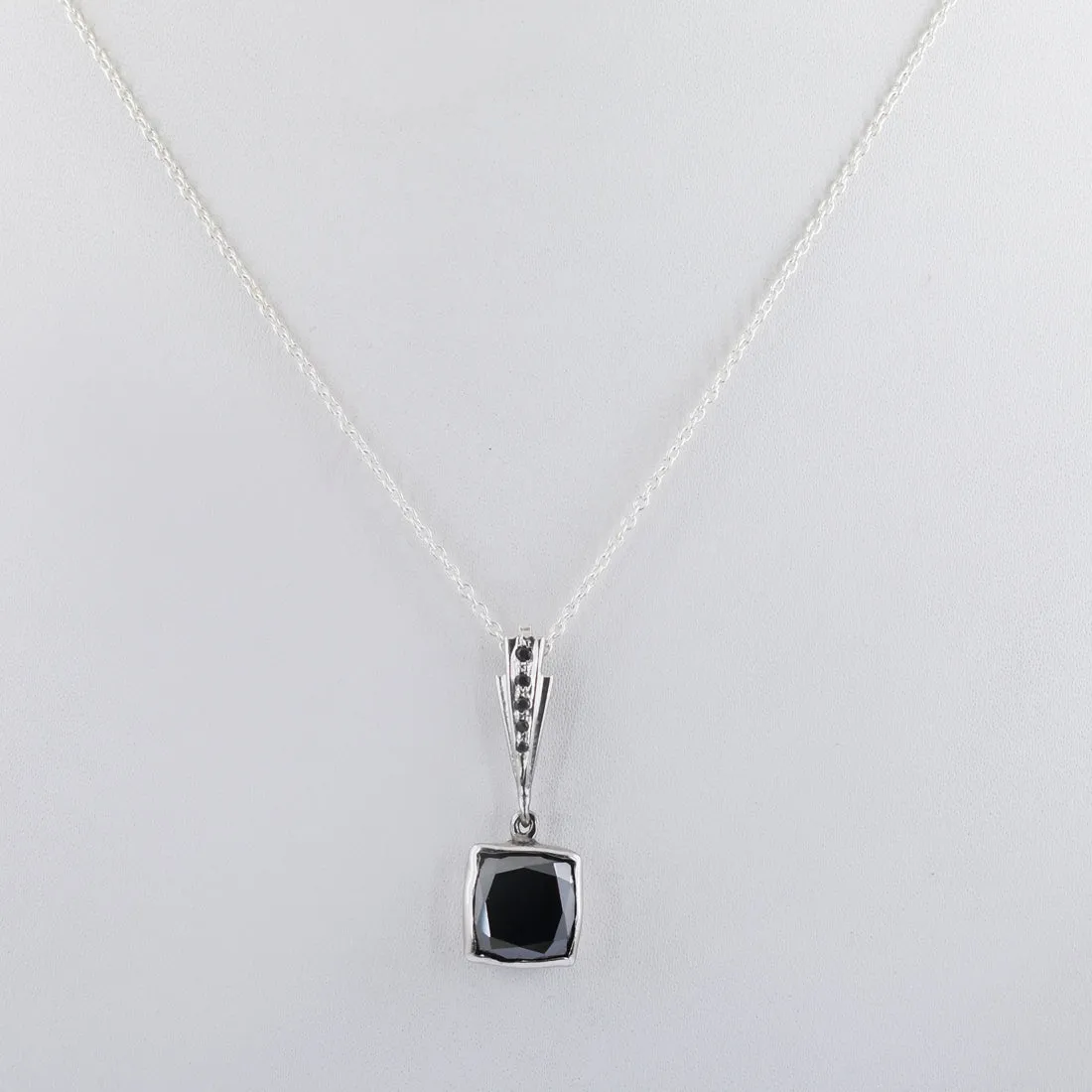 Cushion Cut Black Diamond Pendant in Bezel Style with Black Diamond Accents. AAA Certified! Great Shine