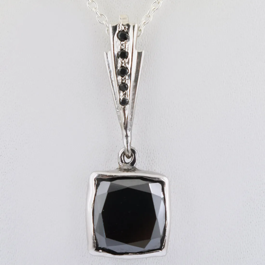 Cushion Cut Black Diamond Pendant in Bezel Style with Black Diamond Accents. AAA Certified! Great Shine