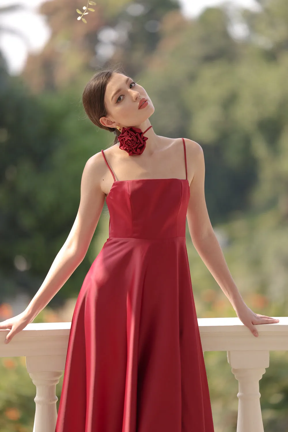 CYNTHIA Strappy Slit Midi Dress with Flower Neck Piece (Maroon Silk Crepe)