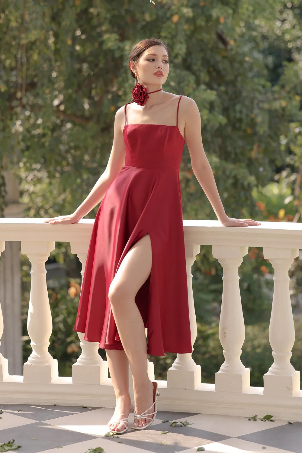 CYNTHIA Strappy Slit Midi Dress with Flower Neck Piece (Maroon Silk Crepe)