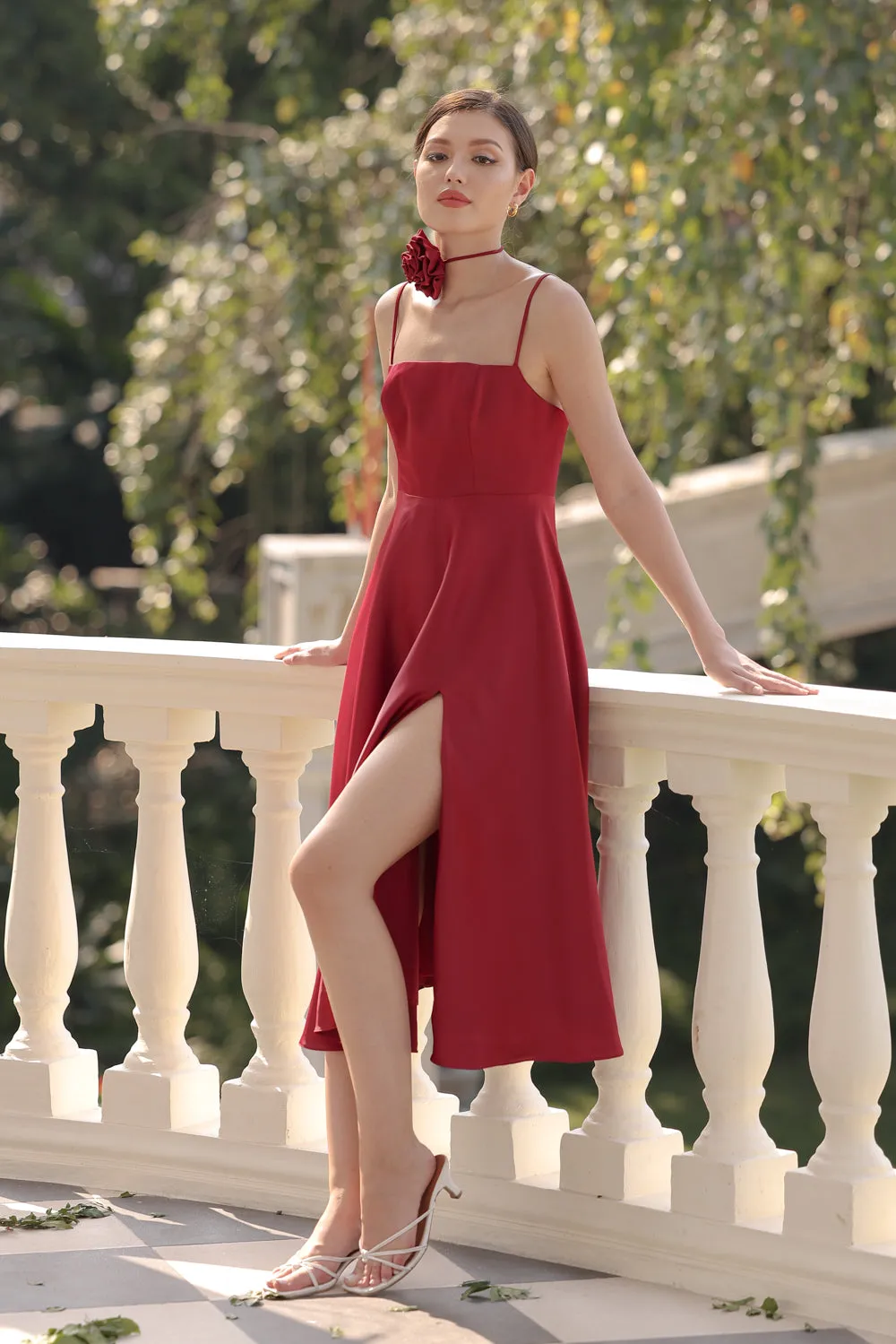 CYNTHIA Strappy Slit Midi Dress with Flower Neck Piece (Maroon Silk Crepe)