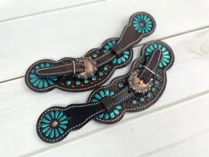 Dark Leather Turquoise Daisy Rhinestone Spur Straps