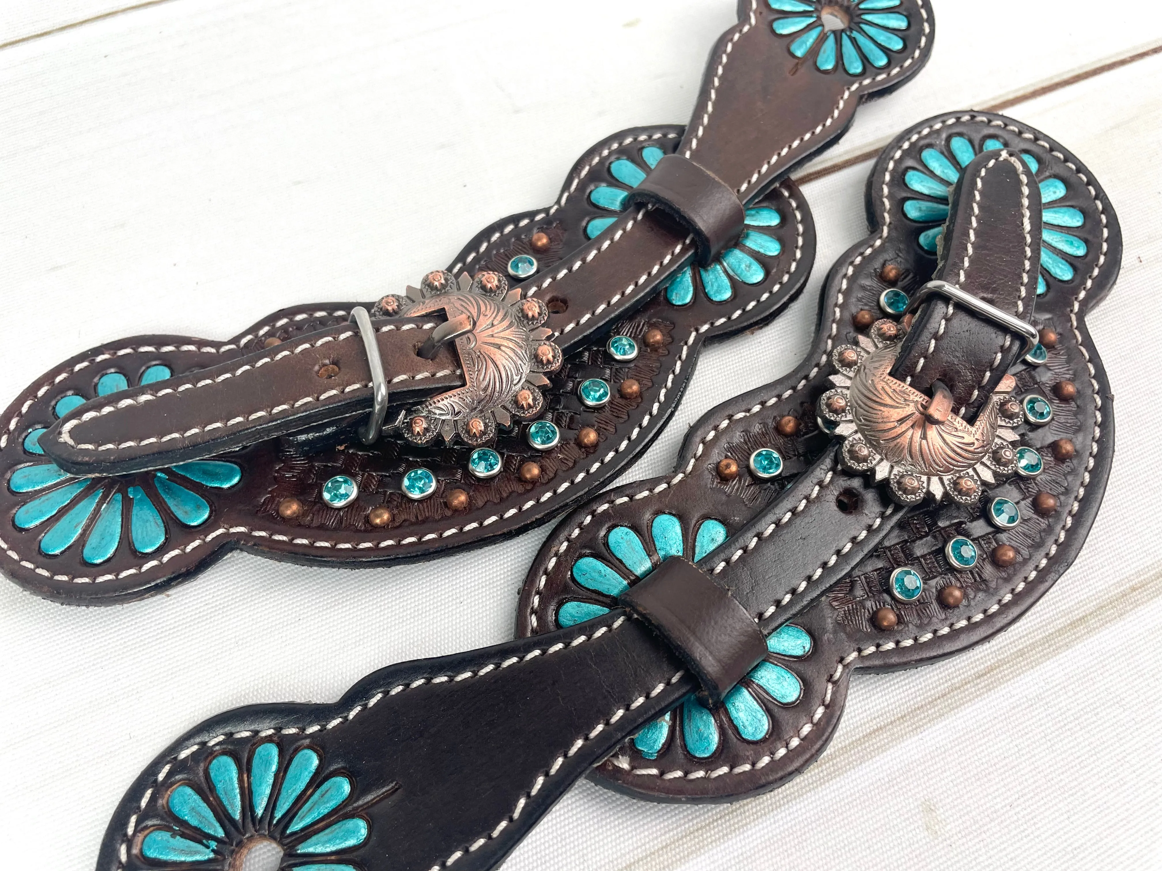 Dark Leather Turquoise Daisy Rhinestone Spur Straps