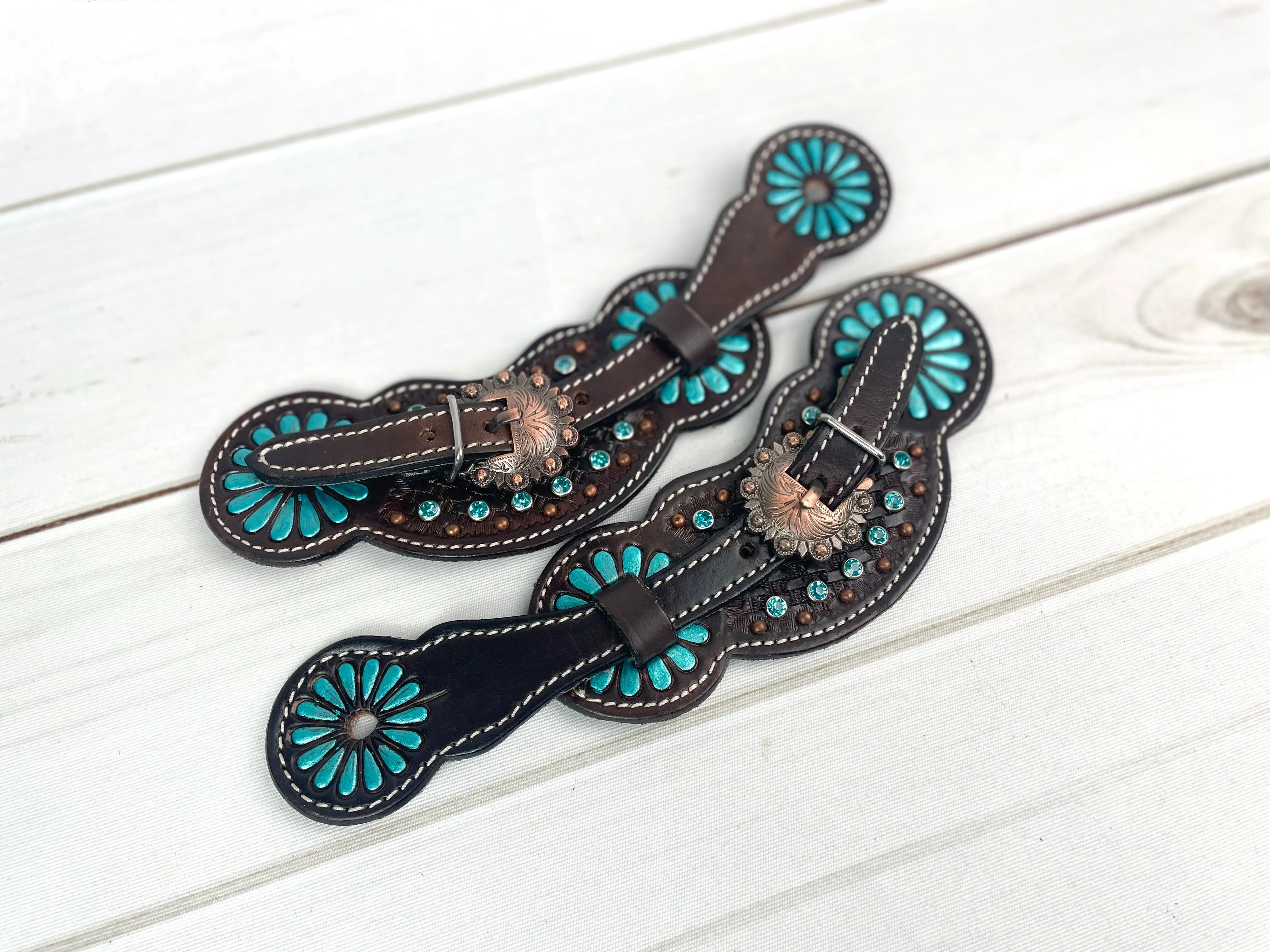 Dark Leather Turquoise Daisy Rhinestone Spur Straps