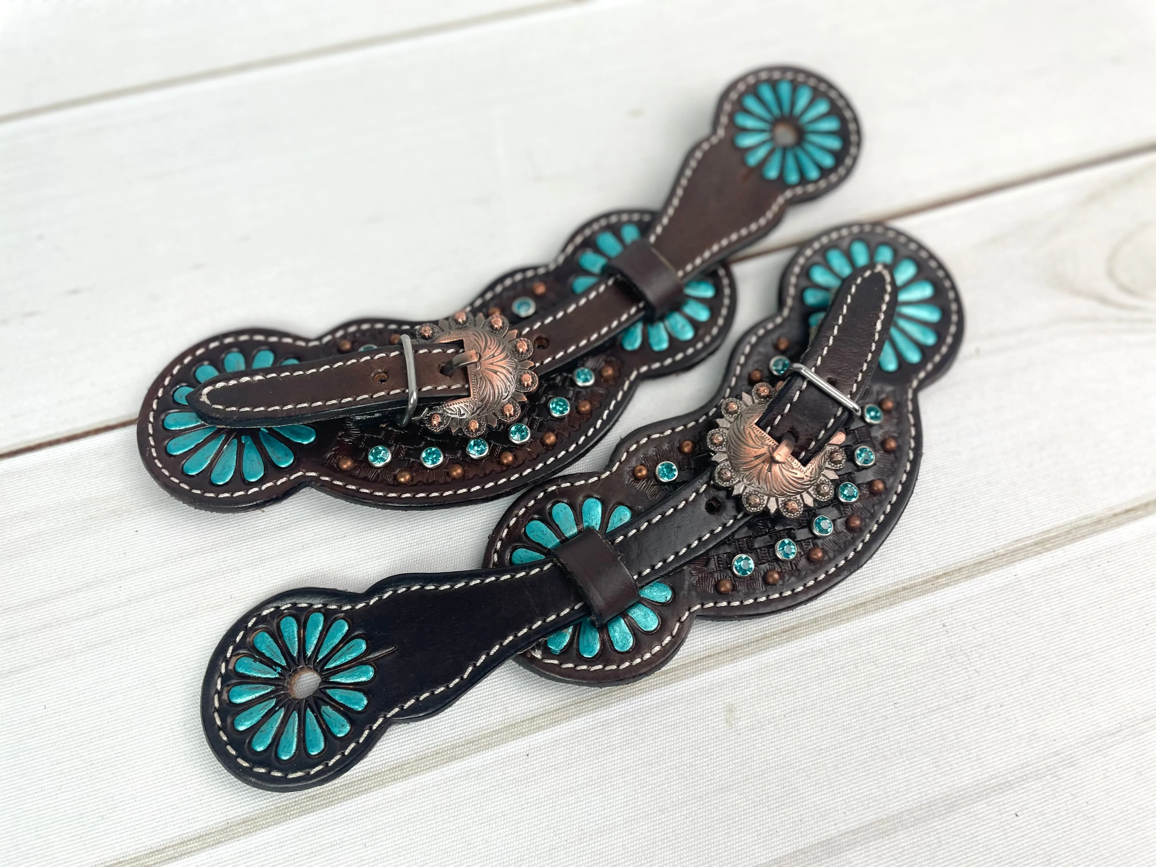 Dark Leather Turquoise Daisy Rhinestone Spur Straps