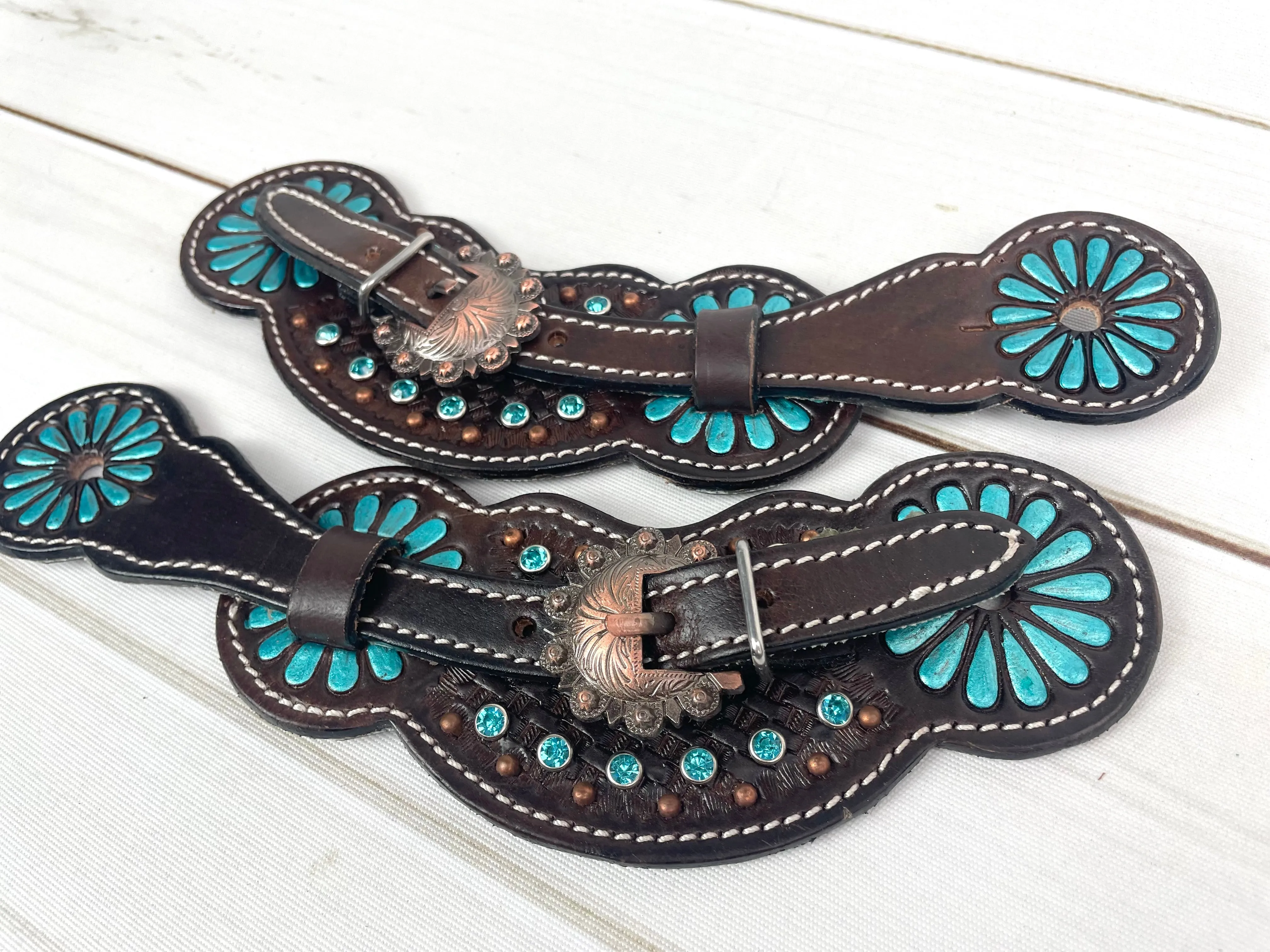 Dark Leather Turquoise Daisy Rhinestone Spur Straps