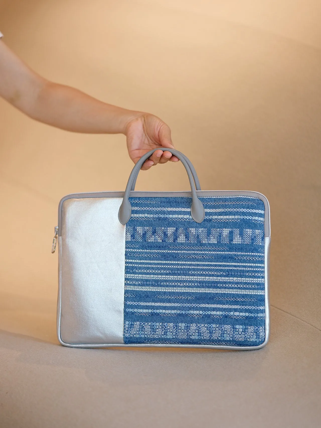 Denim fabric laminated with PU Original and Leather Laptop Bag Design with Silver Leather Accents and Textured Design - Stylish, Modern for Work, Travel, Daily Use, Ideal for Carrying Your Essentials in a Sleek and Trendy Way for Unisex