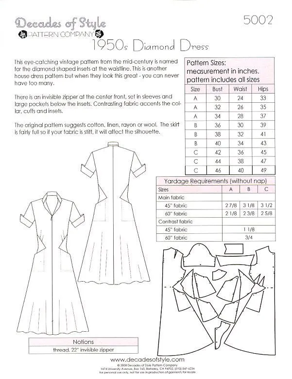 Diamond Dress 1950 Sewing Pattern