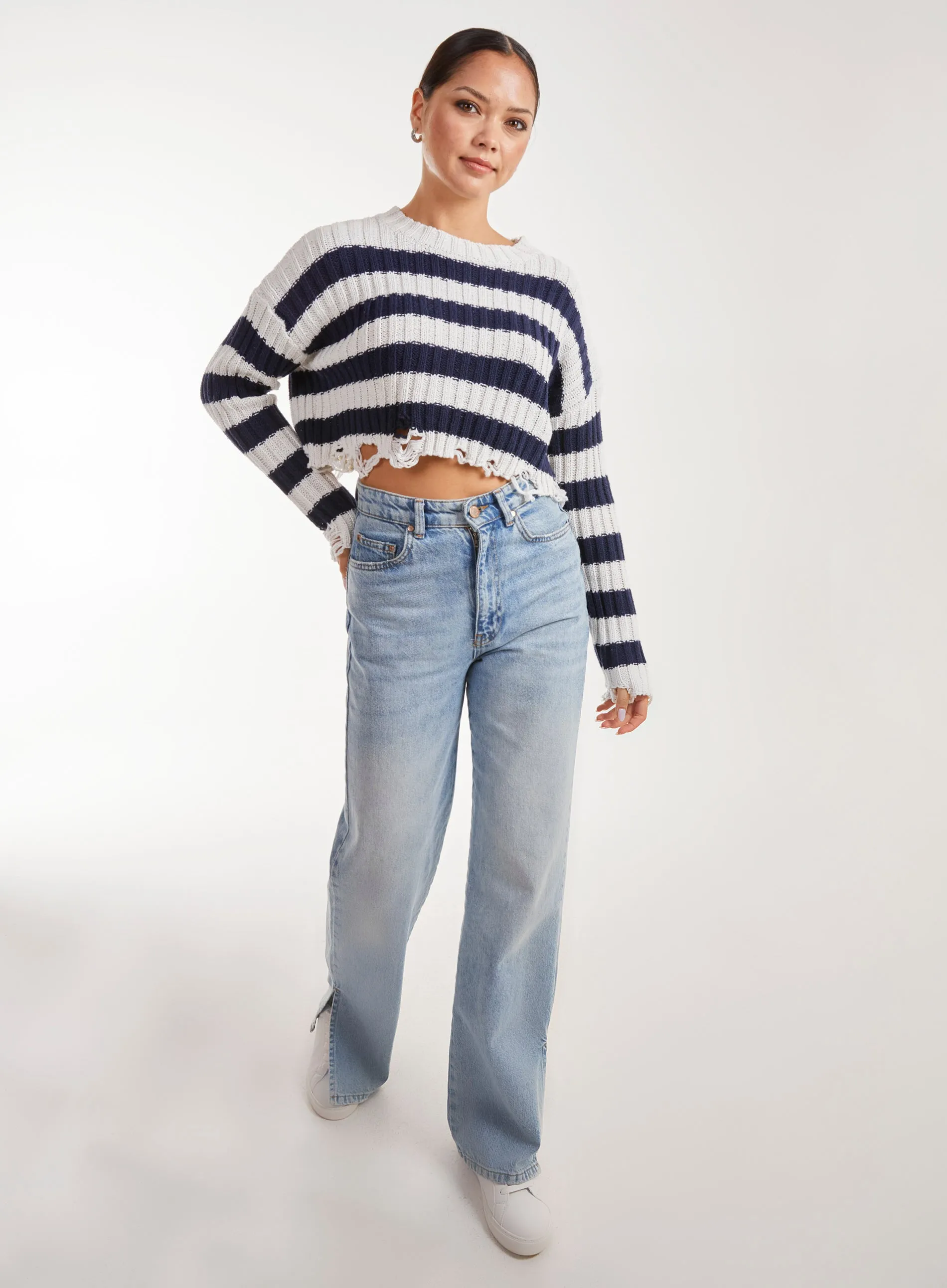 Distressed Striped Crop Knit Jumper