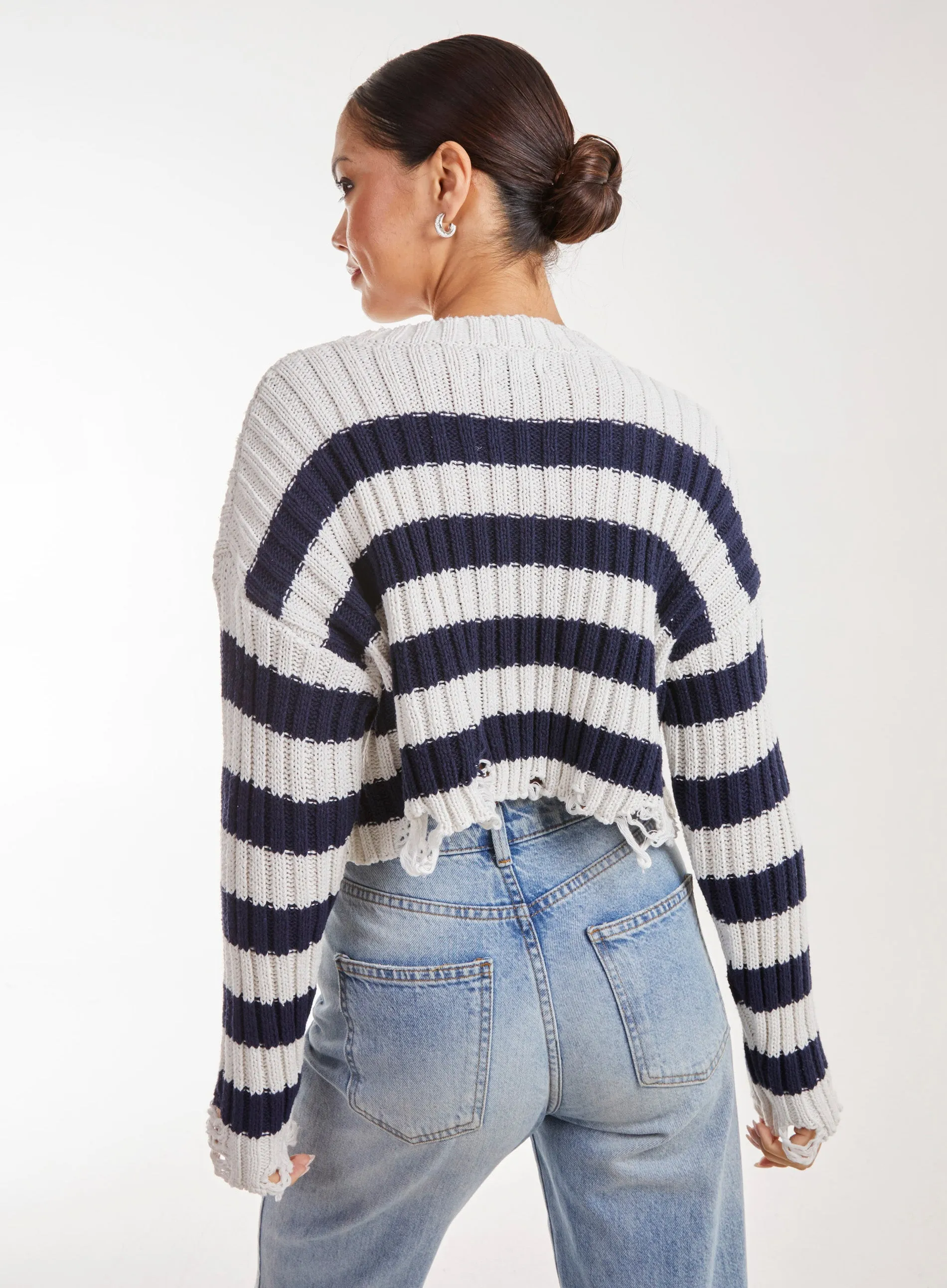 Distressed Striped Crop Knit Jumper