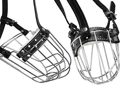 Dog Chrome Metal Muzzles №5 Wire Basket Genuine Leather Adjustable Leather Straps Circumference is 11.4-12.6 in, Length is 3.5-3.9 in