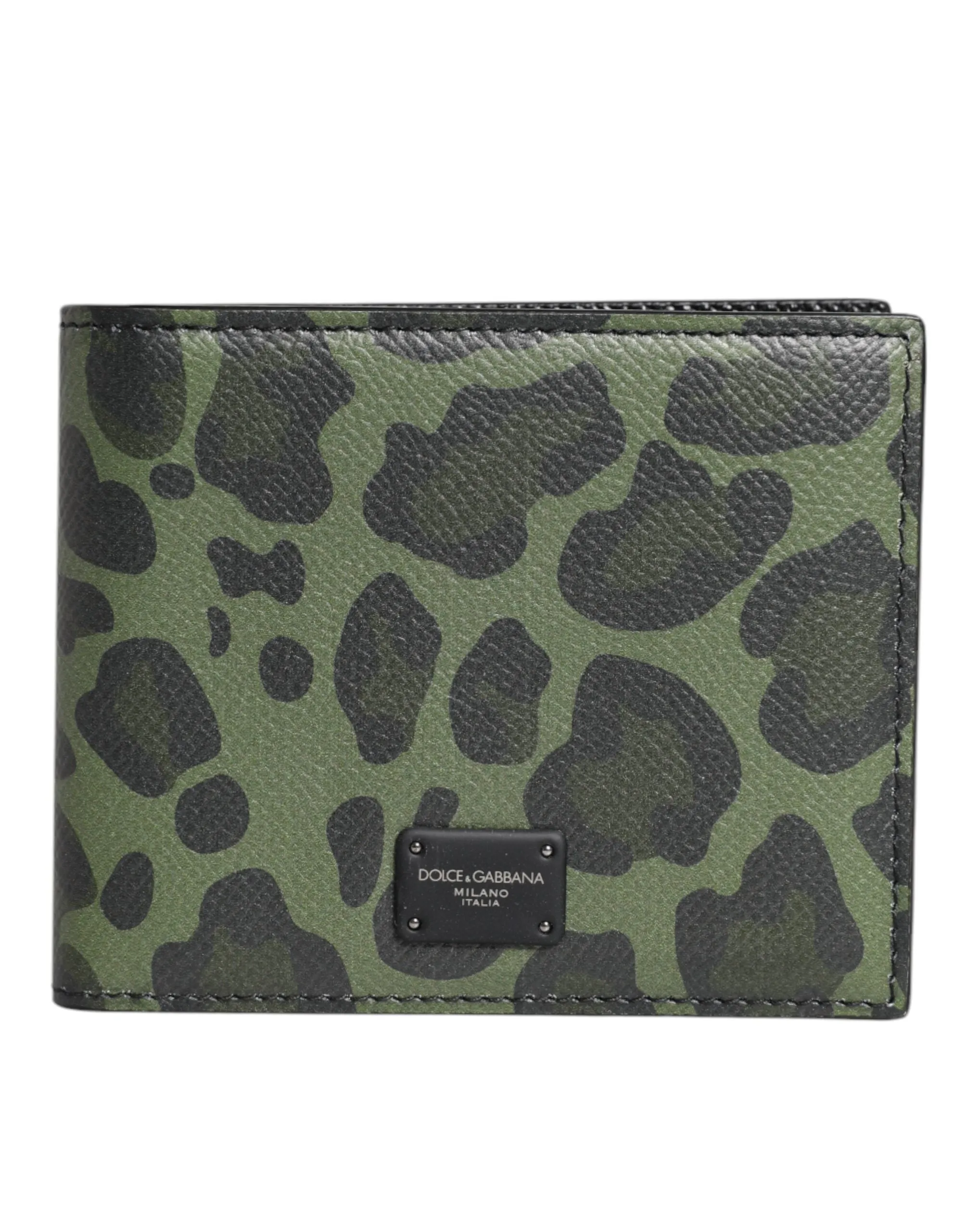 Dolce & Gabbana Black Green Leather DG Plaque Bifold Card Holder Wallet