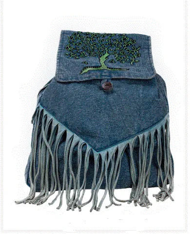 Earth Divas - Blue Cotton Drawstring Backpack w/Tree of Life & Fringe