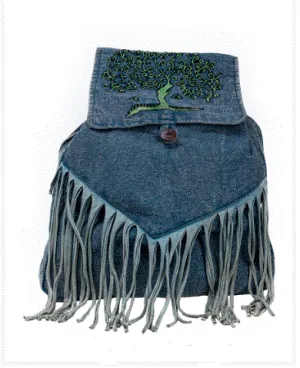 Earth Divas - Blue Cotton Drawstring Backpack w/Tree of Life & Fringe