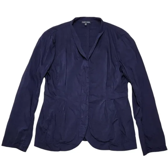 Eileen Fisher Collar Peplum Linen Blend Zip Jacket Size Medium Blue Ink