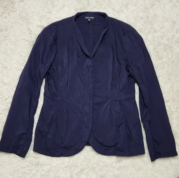 Eileen Fisher Collar Peplum Linen Blend Zip Jacket Size Medium Blue Ink