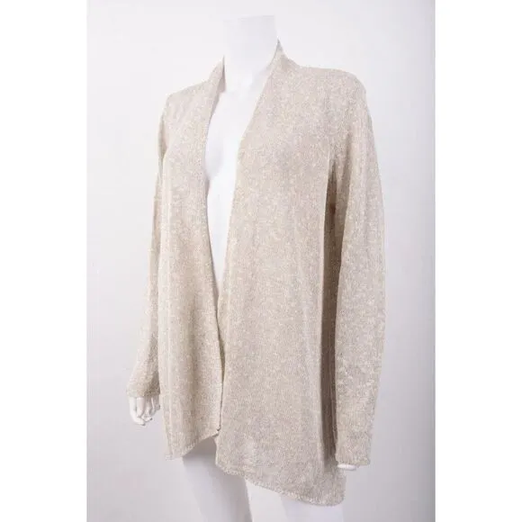 Eileen Fisher Womans Cardigan Sweater Size M Light Gray Linen Blend Open Front