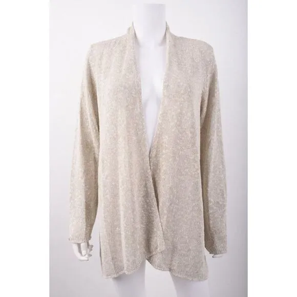 Eileen Fisher Womans Cardigan Sweater Size M Light Gray Linen Blend Open Front