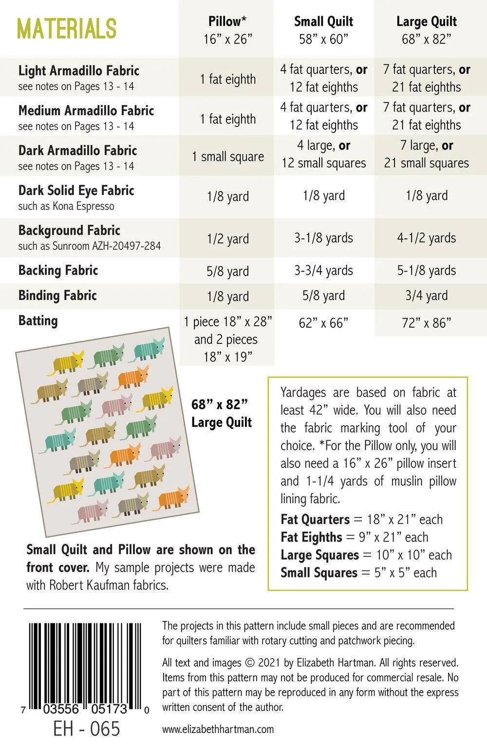 Elizabeth Hartman - Armadillos - Small & Large Quilt & Pillow Pattern