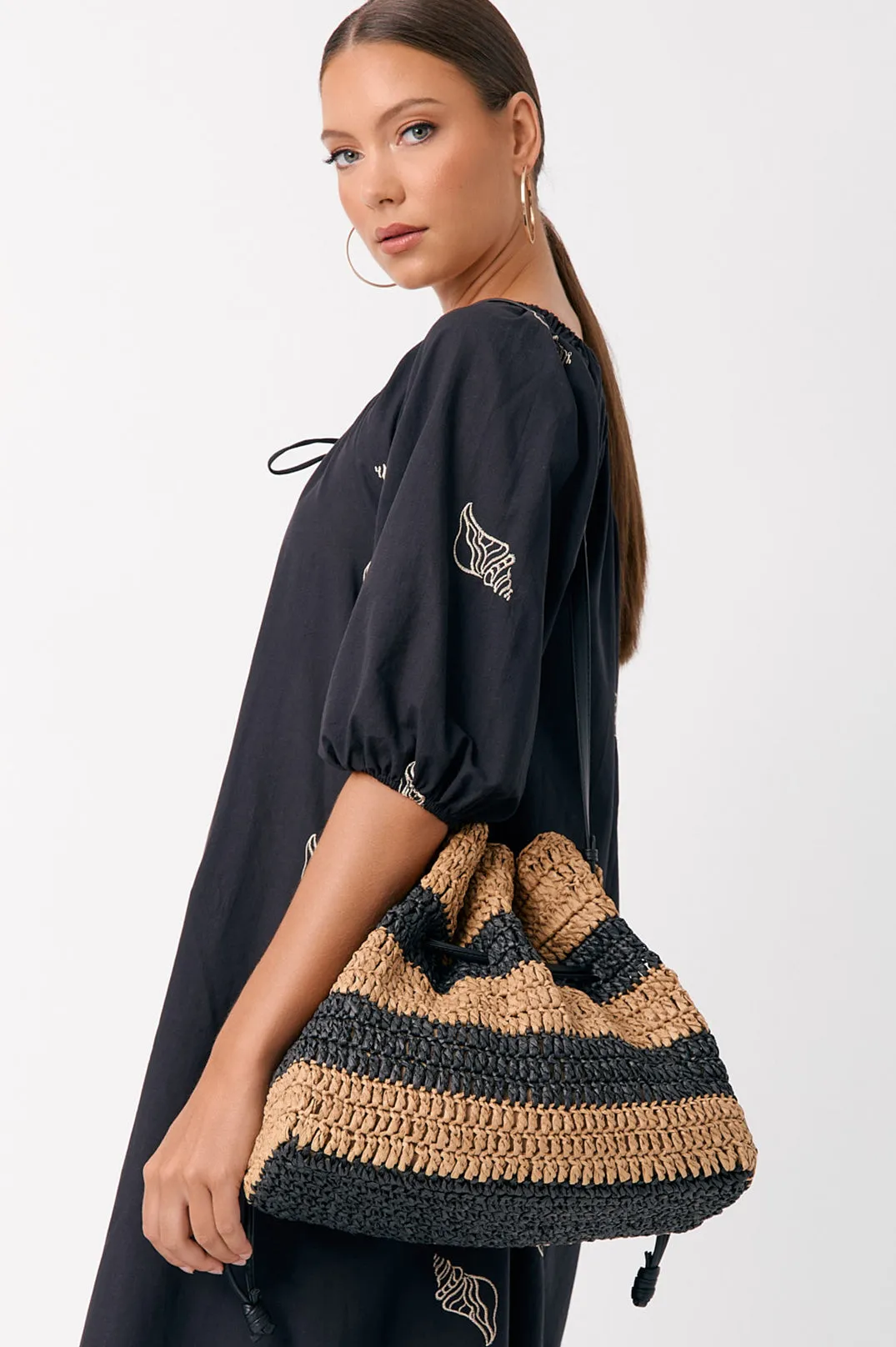 Eloise Stripe Paper Weave Drawstring Bag - Cream/Natural