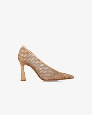 Embroidered mesh pumps with leather trim