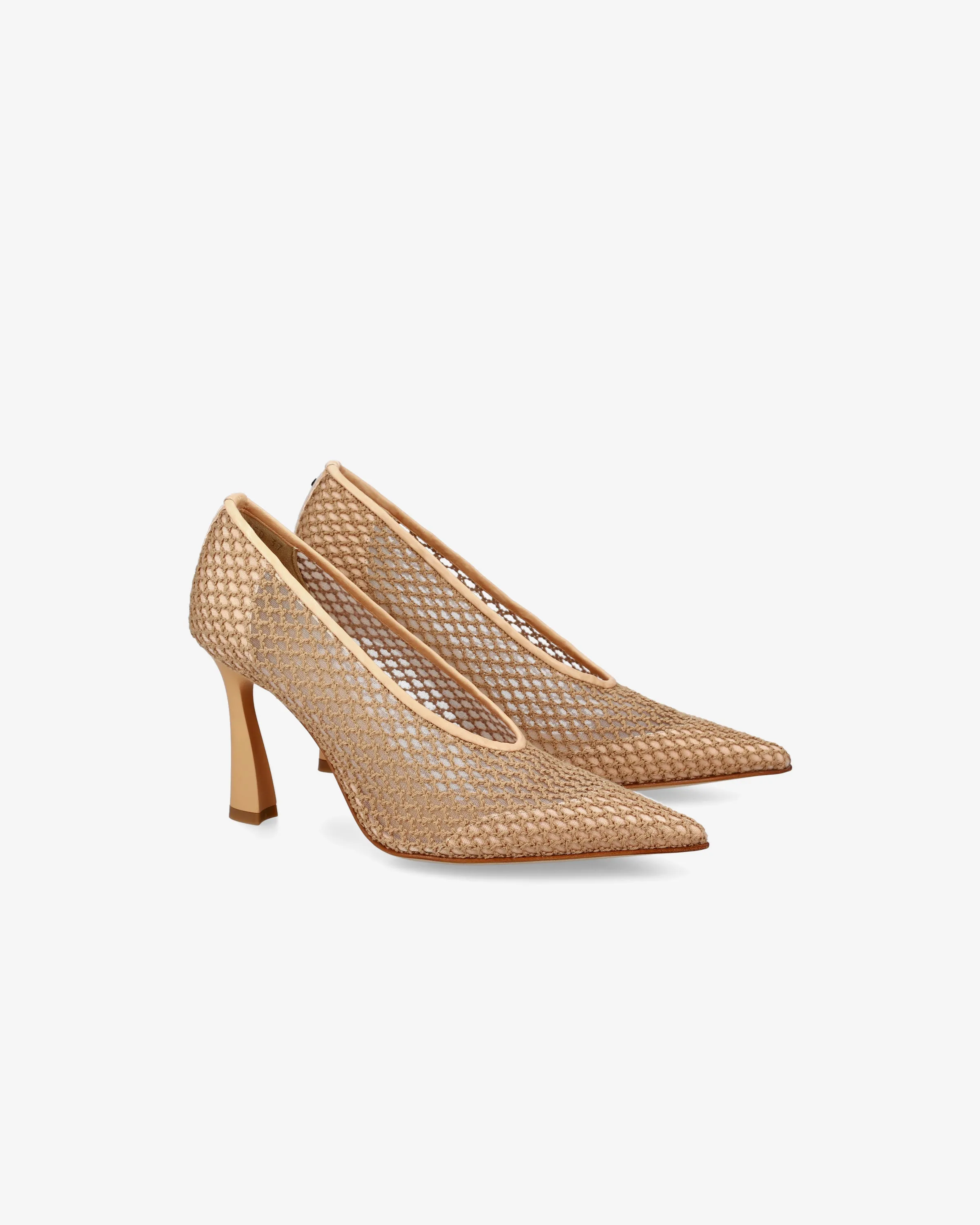 Embroidered mesh pumps with leather trim