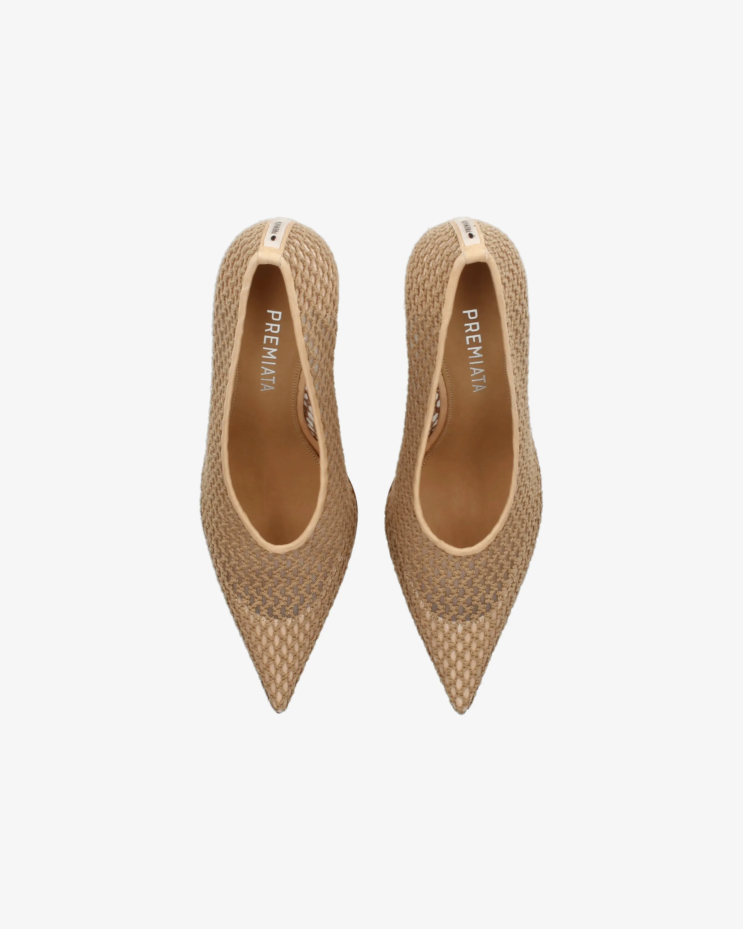 Embroidered mesh pumps with leather trim