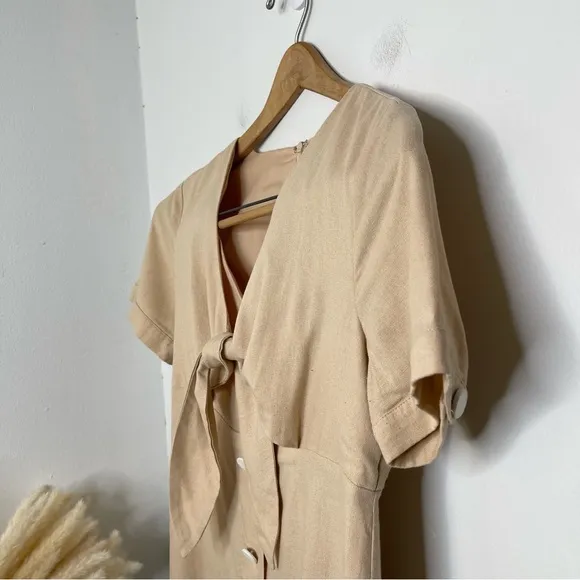 English Factory Midi Dress Khaki Front Tie Knot Size L Button Front Neutral