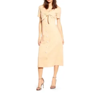 English Factory Midi Dress Khaki Front Tie Knot Size L Button Front Neutral