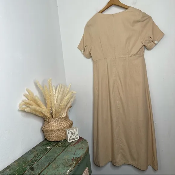 English Factory Midi Dress Khaki Front Tie Knot Size L Button Front Neutral