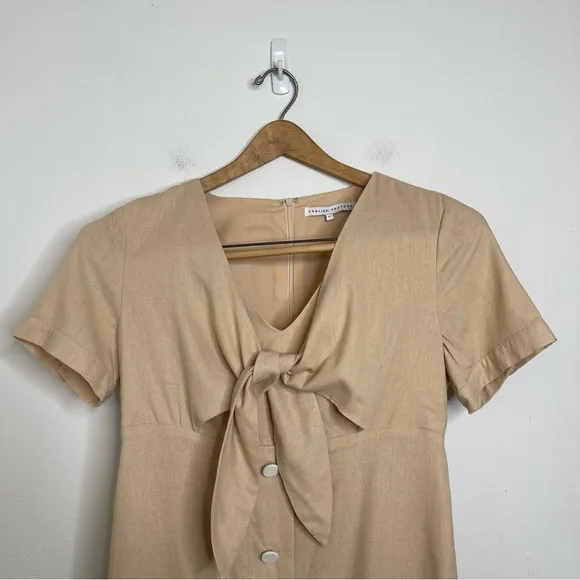 English Factory Midi Dress Khaki Front Tie Knot Size L Button Front Neutral