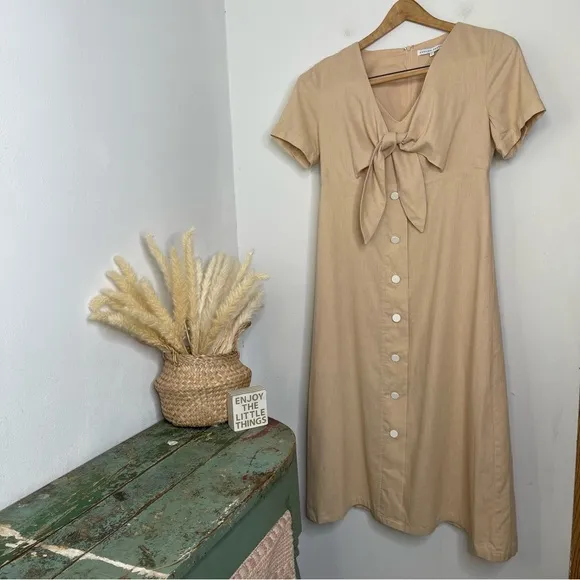 English Factory Midi Dress Khaki Front Tie Knot Size L Button Front Neutral