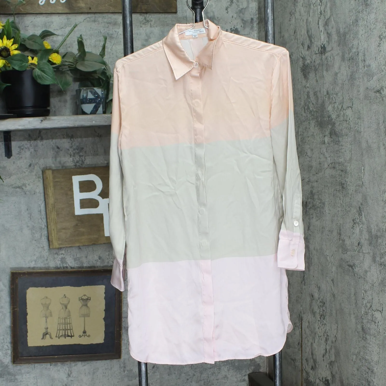 Equipment Womens Silk Button Up Long Sleeve Mini Shirt Dress Pink Multi 2XL