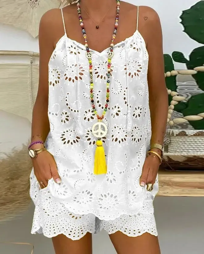 Eyelet Embroidery & Tassel Shorts Set