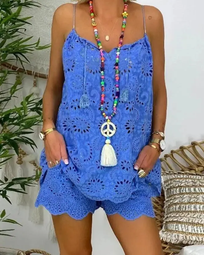 Eyelet Embroidery & Tassel Shorts Set