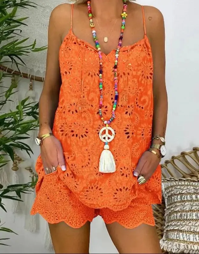 Eyelet Embroidery & Tassel Shorts Set