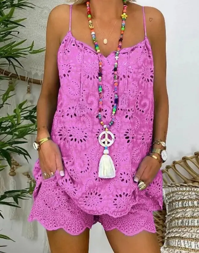 Eyelet Embroidery & Tassel Shorts Set