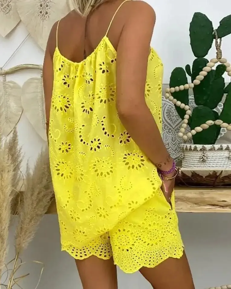 Eyelet Embroidery & Tassel Shorts Set
